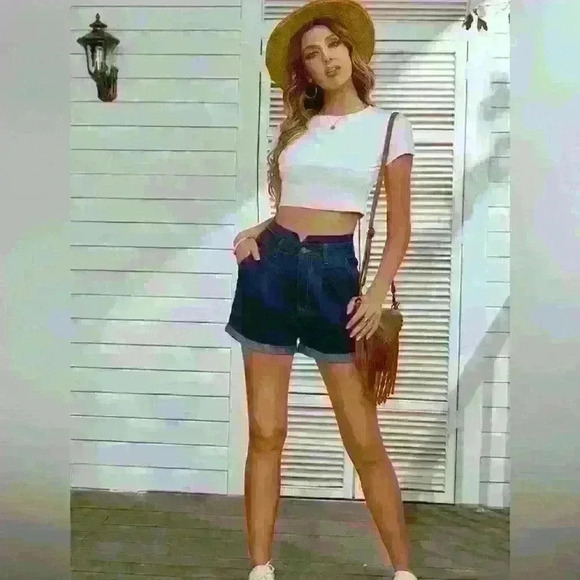 JASAMBAC Women’s High Waisted Denim Shorts Rolled Hem Wide Leg Casual L, #7 - Picture 1 of 12